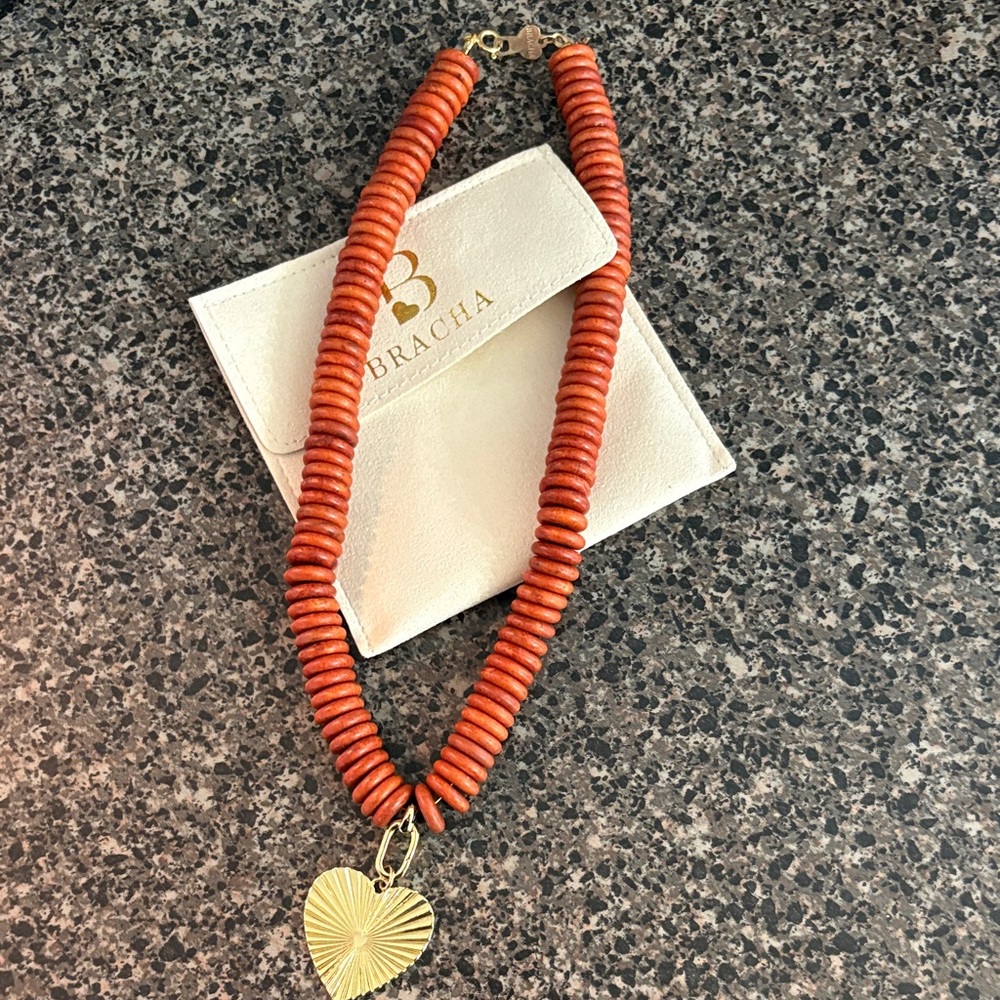 Red Beaded Necklace with Gold Heart Pendant - Picture 4 of 4